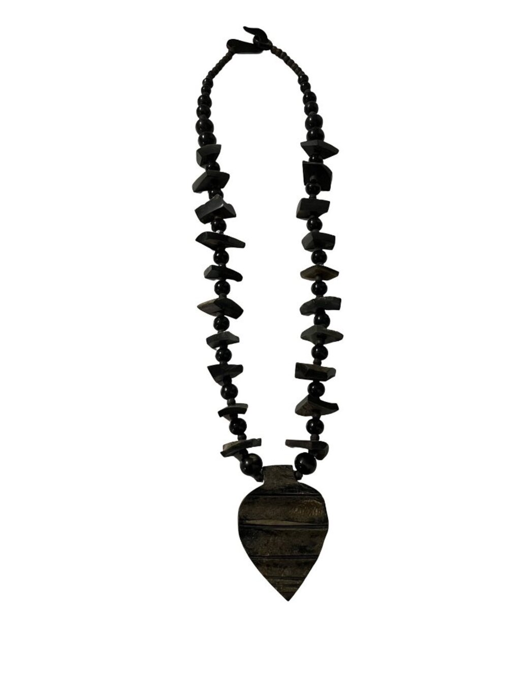 Vintage Wood Statement Necklace Large Pendant Tribal Boho Chunky Beaded Jewelry
